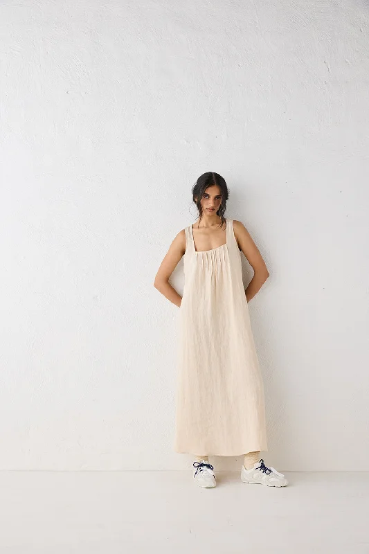 Melon reef dress-San Paolo Smock Linen Midi Dress Natural