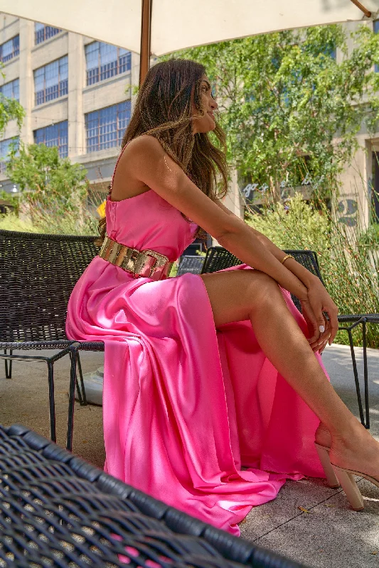 Slinky date dress-Satin Front Slit Maxi Dress