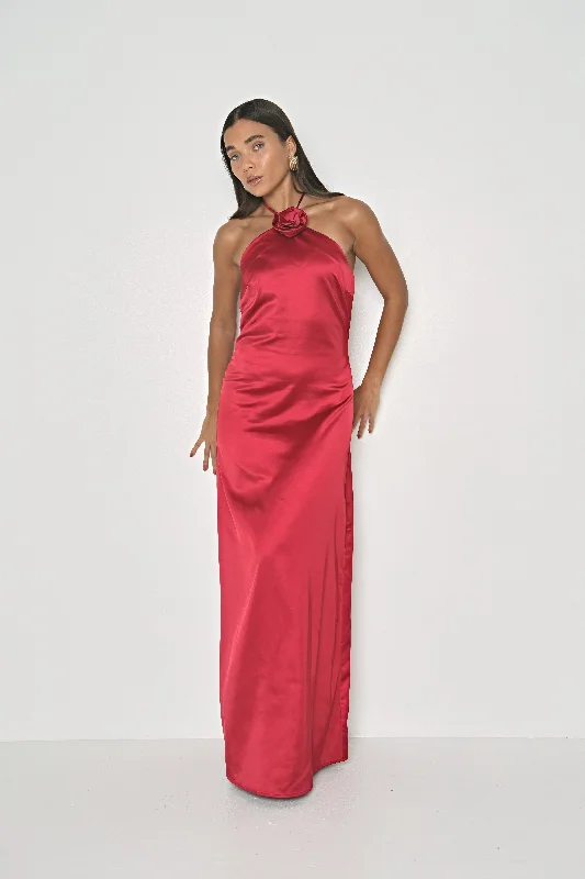 Drawstring casual dress-SATIN ROSE MAXI DRESS