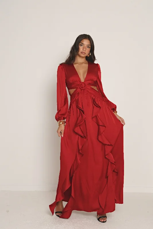 Cinched-waist empire dress-SATIN CUT OUT MAXI DRESS IN BURGUNDY