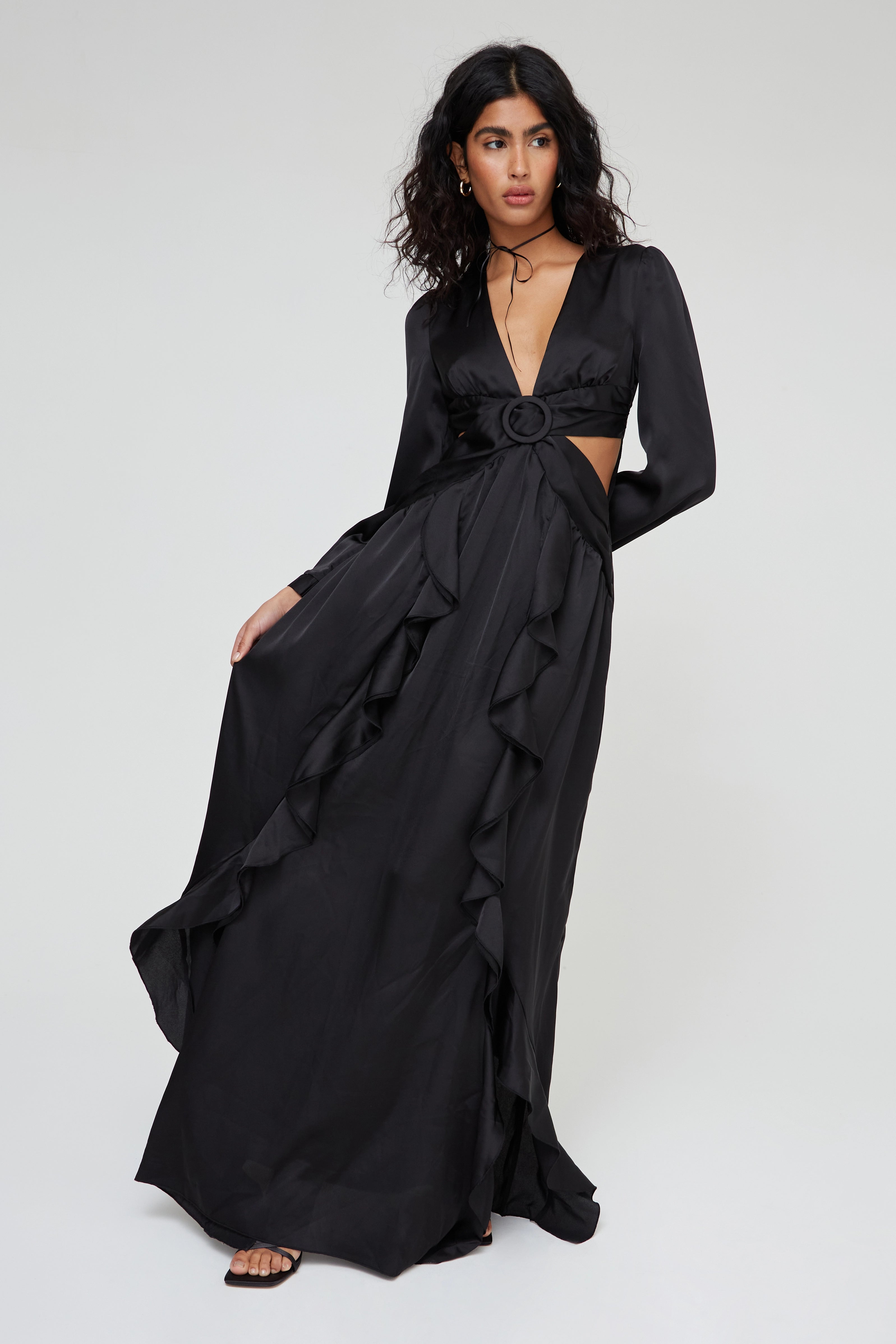 Drawcord relaxed dress-SATIN CUT OUT MAXI DRESS