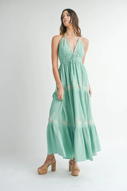 Breeze island dress-Seagreen Gauze Floral Embroidered Maxi Dress