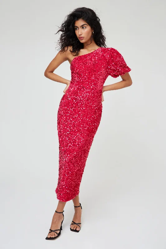 Cinched-waist empire dress-SEQUIN ONE SHOULDER MIDI DRESS