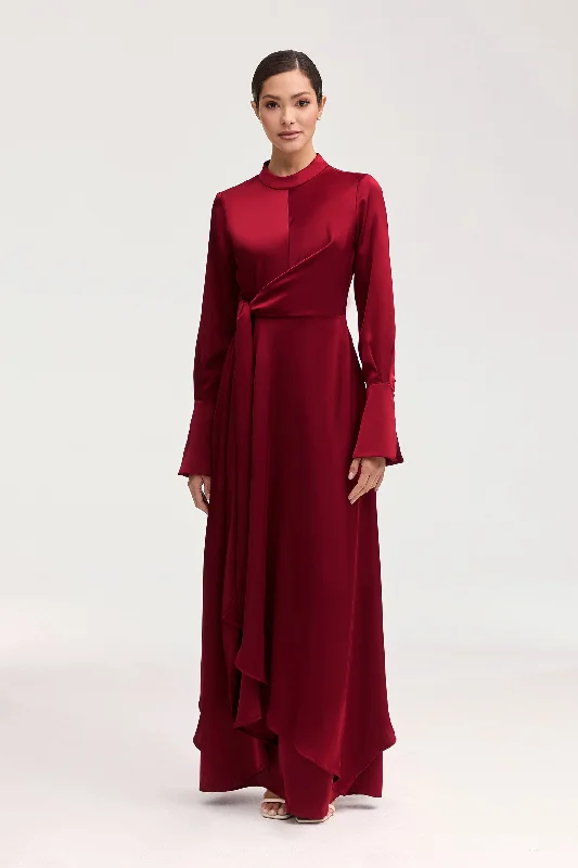 Mottled fringe dress-Serena Satin Side Tie Maxi Dress - Burgundy