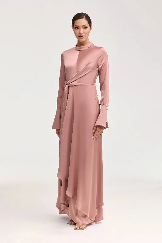 Silky black dress-Serena Satin Side Tie Maxi Dress - Dusty Mauve