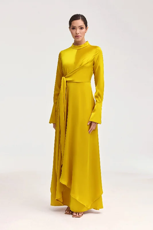 Zoned chic dress-Serena Satin Side Tie Maxi Dress - Honey