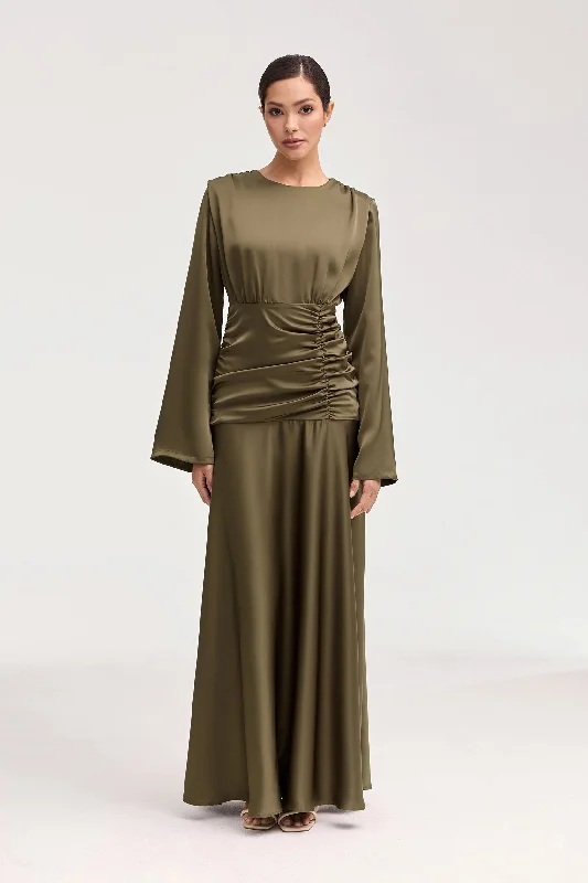 Gathered trendy dress-Shams Satin Side Rouched Maxi Dress - Olive