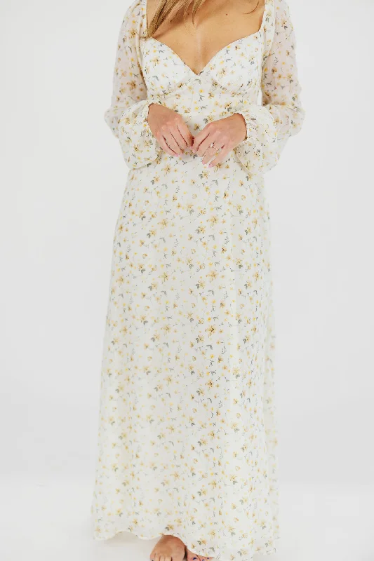 Nomadic embroidered dress-Parker Smocked Maxi Dress with Puffed Sleeves in Ivory/Yellow - Bump Friendly & Inclusive Sizing (S-3XL)