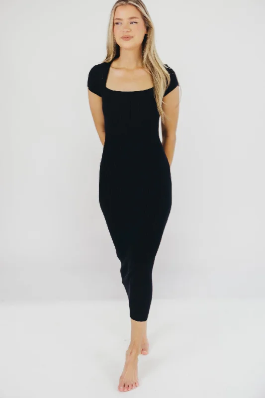 Ruching vintage dress-Wren Ribbed Knit Maxi Dress with Square Neckline in Black (XS-XL) - Worth Collective Exclusive