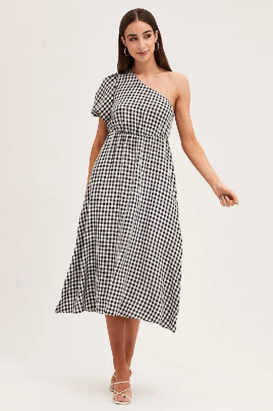 Brunch spin dress-Stripe Check One Shoulder Midi Dress