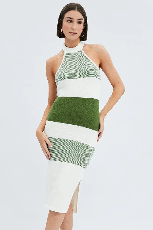 Pure stylish dress-Stripe Knit Dress Evening Midi