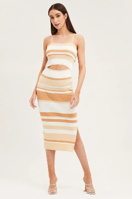 Kimono-sleeve summer dress-Stripe Midi Dress Sleeveless Cut Out Square Neck