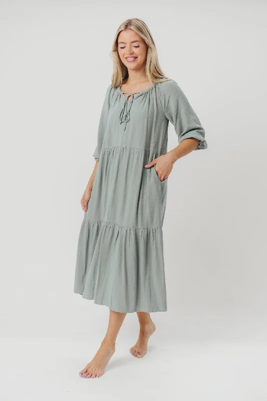 Poplin cocktail dress-Avery Tiered Linen-Blend Midi Dress in Sage - Bump Friendly and Inclusive Sizing