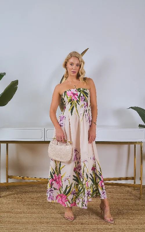 Paneled evening dress-Tube Floral Print Maxi Dress