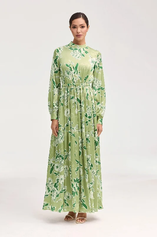 Pull-on beach dress-Tuleen Satin Floral Maxi Dress