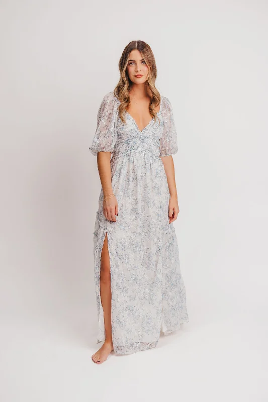 Open open-knit dress-Daphne High Slit Eyelet Detail Maxi Dress in Blue and White Floral - Inclusive Sizing (S-3XL)