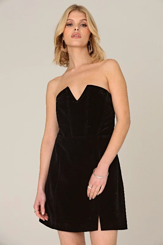 Exposed-shoulder beach dress-VELVET DEEP V BANDEAU MINI DRESS