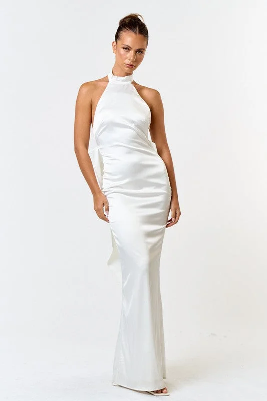 Emblem-collared preppy dress-Vow Factor Halter Neckline White Maxi Dress