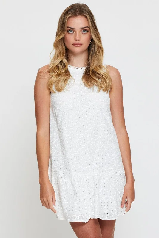 Flocked cozy dress-White A Line Dress Mini