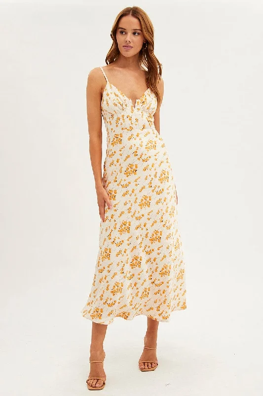 Cozy fleecy dress-White Floral Midi Dress Sleeveless V-Neck Satin