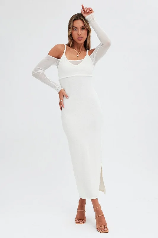 Solid paneled dress-White Maxi Dress Long Sleeve Cold Shoulder Mesh Textured