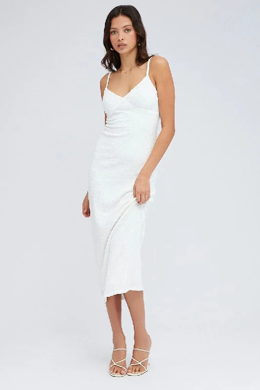 Cinched-waist empire dress-White Midi Dress Sleeveless Textured Fabric