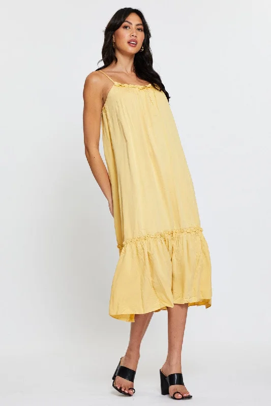 Lined prism dress-Yellow A Line Dress Sleeveless Midi