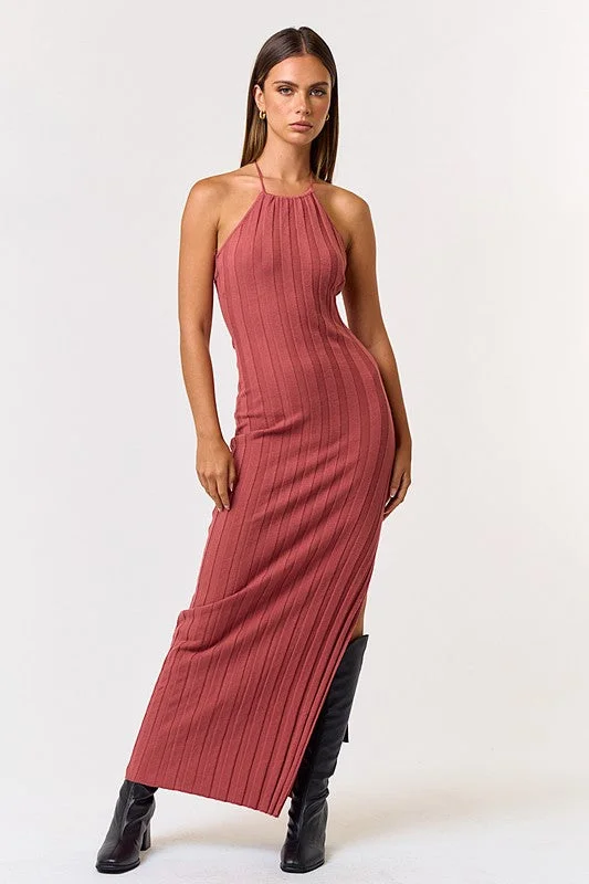 Earth toned dress-Young Heart Sweater Halter Maxi Dress